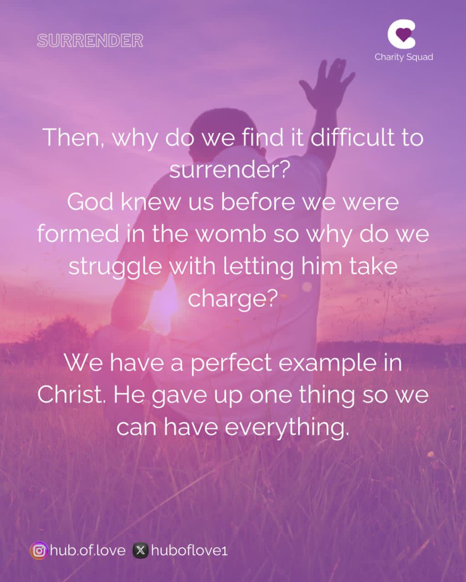 What’s your first thought when you are asked to “Surrender”? 
Do you struggle because you don’t want to “lose something”? 
Read this 👇🏽

#SPFM #huboflove #faithtrybers #DLconversations #biblestudy #charitysquad