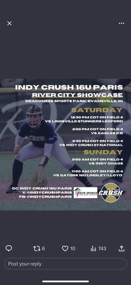 Come watch us this weekend!! <a href="/indycrushparis/">Indy Crush 18U Paris</a> <a href="/NCSA_CoachKK/">Kristen Kolter</a>