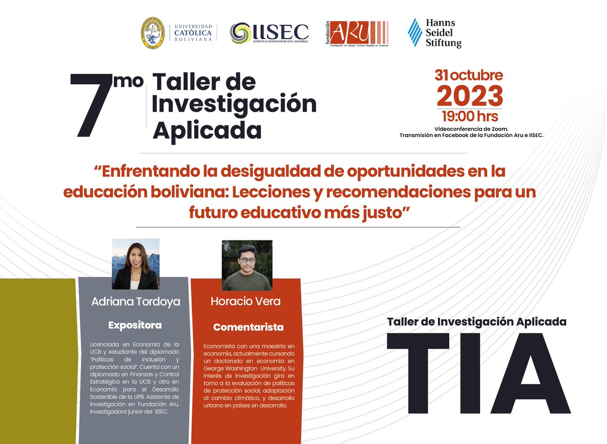 arufoundation's tweet photo. 🟠¡Participa del Séptimo Taller de Investigación Aplicada (#TIA)!🟠
31 de octubre de 2023 a 19:00
📍 Plataforma Zoom
¡Inscríbete! 👉🏼 https://t.co/y5pkiuM2hn
#FundaciónAru #IISEC #UCB #HSS #TIA https://t.co/69jE9KtDlo
