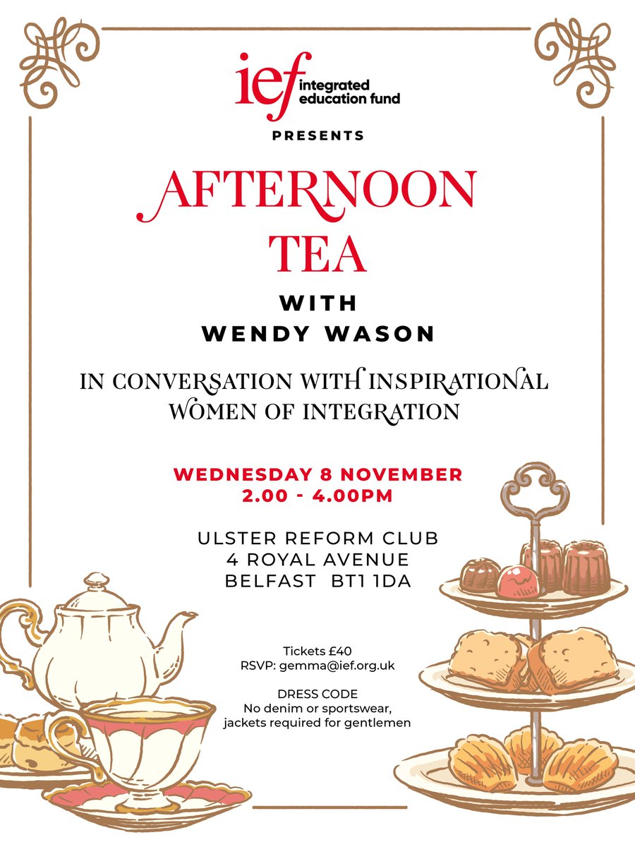 Integrated Education Fund (@iefni) on Twitter photo Afternoon Tea with Wendy Wason, in conversation with women of integration: Pamela Ballantine, Principal Maire Thompson of <a href="/hazelwoodni/">Hazelwood Integrated College</a> & Hilary Copeland <a href="/IntEdAlumni/">Integrated AlumNI</a>.
Wed 8 Nov, 2:00pm <a href="/ulsterreform/">Ulster Reform Club</a>
Tickets £40, email gemma@ief.org.uk for more info & to book your space. Afternoon Tea with Wendy Wason, in conversation with women of integration: Pamela Ballantine, Principal Maire Thompson of <a href="/hazelwoodni/">Hazelwood Integrated College</a> & Hilary Copeland <a href="/IntEdAlumni/">Integrated AlumNI</a>.
Wed 8 Nov, 2:00pm <a href="/ulsterreform/">Ulster Reform Club</a>
Tickets £40, email gemma@ief.org.uk for more info & to book your space.