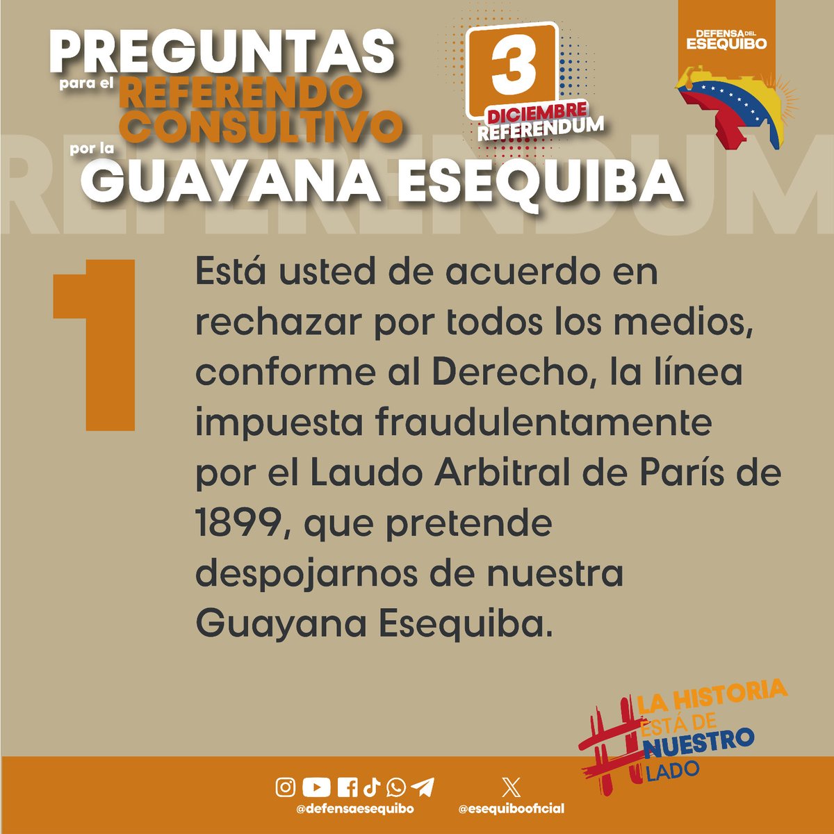 VTVcanal8's tweet image. #ENTÉRATE📢| Conoce las preguntas aprobadas que serán llevadas a consulta a todo el pueblo de Venezuela el día #03Dic en el Referéndum Consultivo en defensa de la Guayana Esequiba.

#24Oct