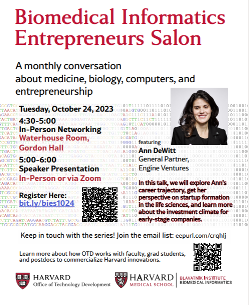 TODAY, Ann DeWitt from @enginexyz talks about her career journey and the investment climate for startups. Join us, #BIES hosted by @HarvardDBMI and Harvard OTD. 🍕 4:30pm - food, in-person networking 🧠 5-6pm, Zoom option - chat with Ann DeWitt Reg bit.ly/46EV2Px