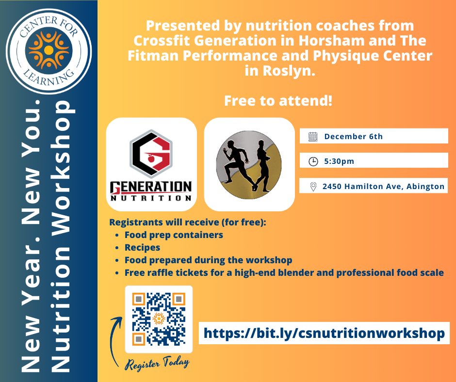 CenterSchoolPA's tweet image. We are excited to host a free hands-on nutrition workshop!

Presented by nutrition coaches from Crossfit Generation in Horsham and The Fitman Performance and Physique Center in Roslyn, this hands-on workshop will provide valuable information on nutrition and the brain.

#cscl