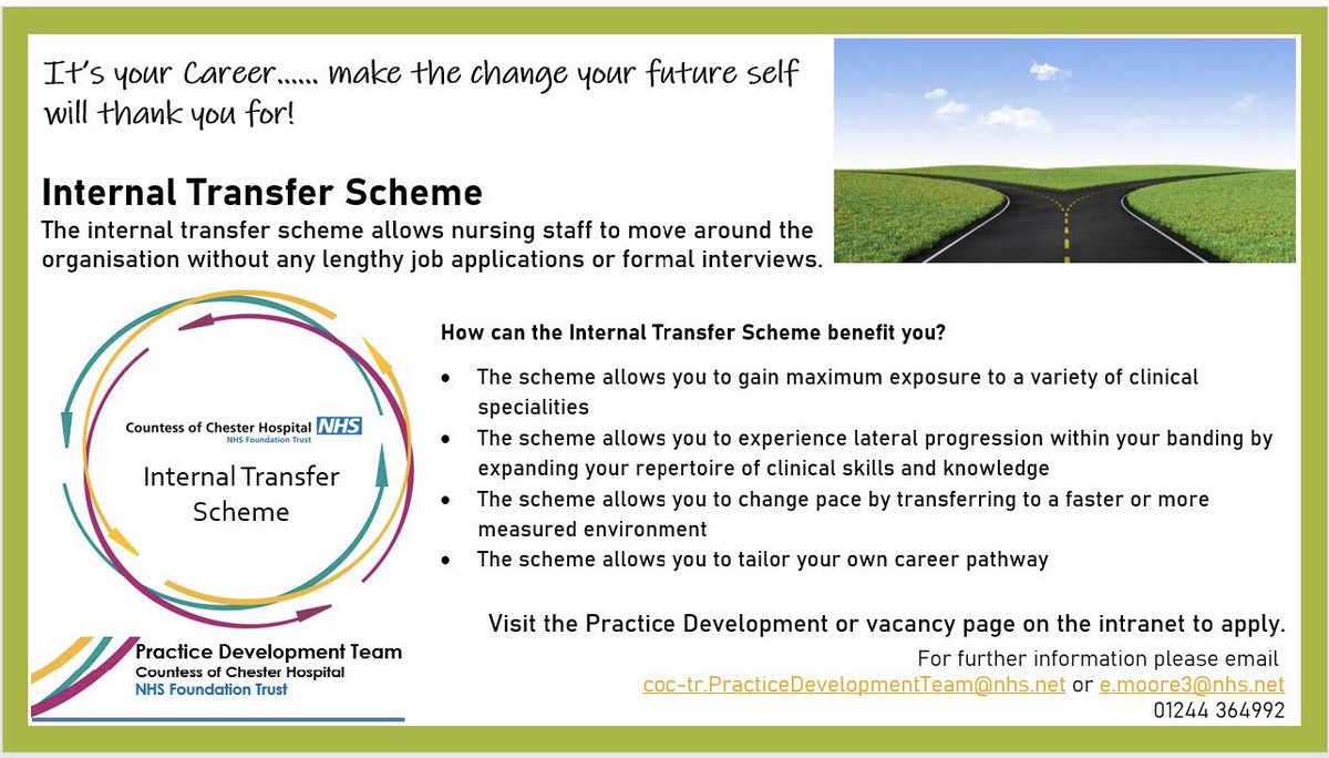 We've got some exciting news to share!

Our Internal Transfer Scheme launches on 1st November 2023.

Open to Band 5 nurses who have completed their preceptorship.

#TeamCountess

<a href="/TheCountessNHS/">Countess of Chester Hospital NHS Foundation Trust</a>  <a href="/salkelsey/">Sallie Kelsey</a> <a href="/SuccessCountess/">SuccessAtTheCountess</a>
