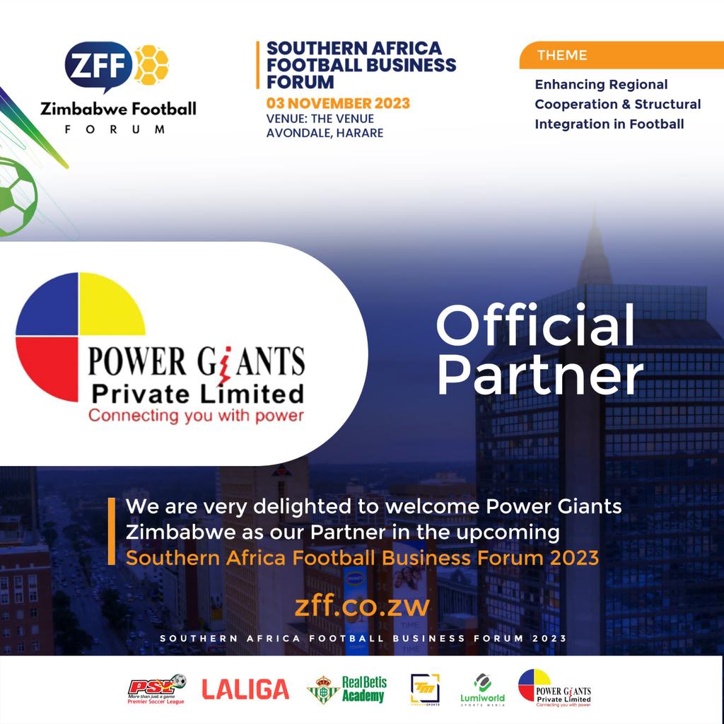 ZimbabweFootba2's tweet photo. We excited to partner POWER GIANTS PVT LTD in hosting this year's Edition of the SOUTHERN AFRICA FOOTBALL FORUM.

#ZFF2023
#SAFBF2023 
#InvestmentInnovationCreativity https://t.co/ZJhsKlRelJ