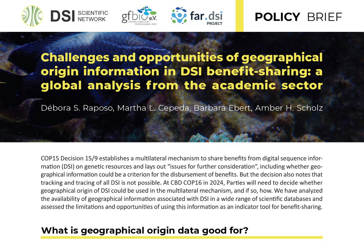 GFBio e.V. (@gfbio_ev) on Twitter photo Our policy brief with the #DSIScientificNetwork is out! Geographical origin info boosts transparency, recognition, and data sharing. 🌍 Yet, it's a limited #BenefitSharing indicator as it excludes diverse #DSI sources. #GBF #Biodiversity <a href="/UNBiodiversity/">UN Biodiversity</a>
🔎t.ly/JbiK4 Our policy brief with the #DSIScientificNetwork is out! Geographical origin info boosts transparency, recognition, and data sharing. 🌍 Yet, it's a limited #BenefitSharing indicator as it excludes diverse #DSI sources. #GBF #Biodiversity <a href="/UNBiodiversity/">UN Biodiversity</a>
🔎t.ly/JbiK4
