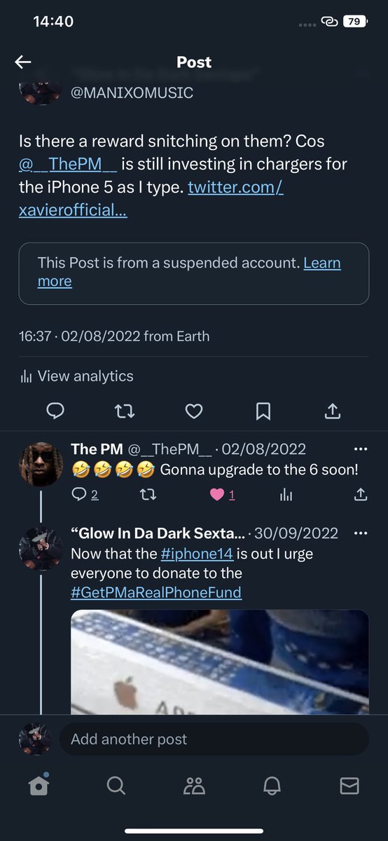 MANIXOMUSIC's tweet photo. So in August 2022 I started a gofundme to help @__ThePM__ upgrade his #iphone 6 to a 14. No one donated… however I am pleased to announce that he has finally made the big leap and he is now a proud owner of an iPhone 14 👏🏿👏🏿👏🏿👏🏿👏🏿 https://t.co/ir7g34sv78