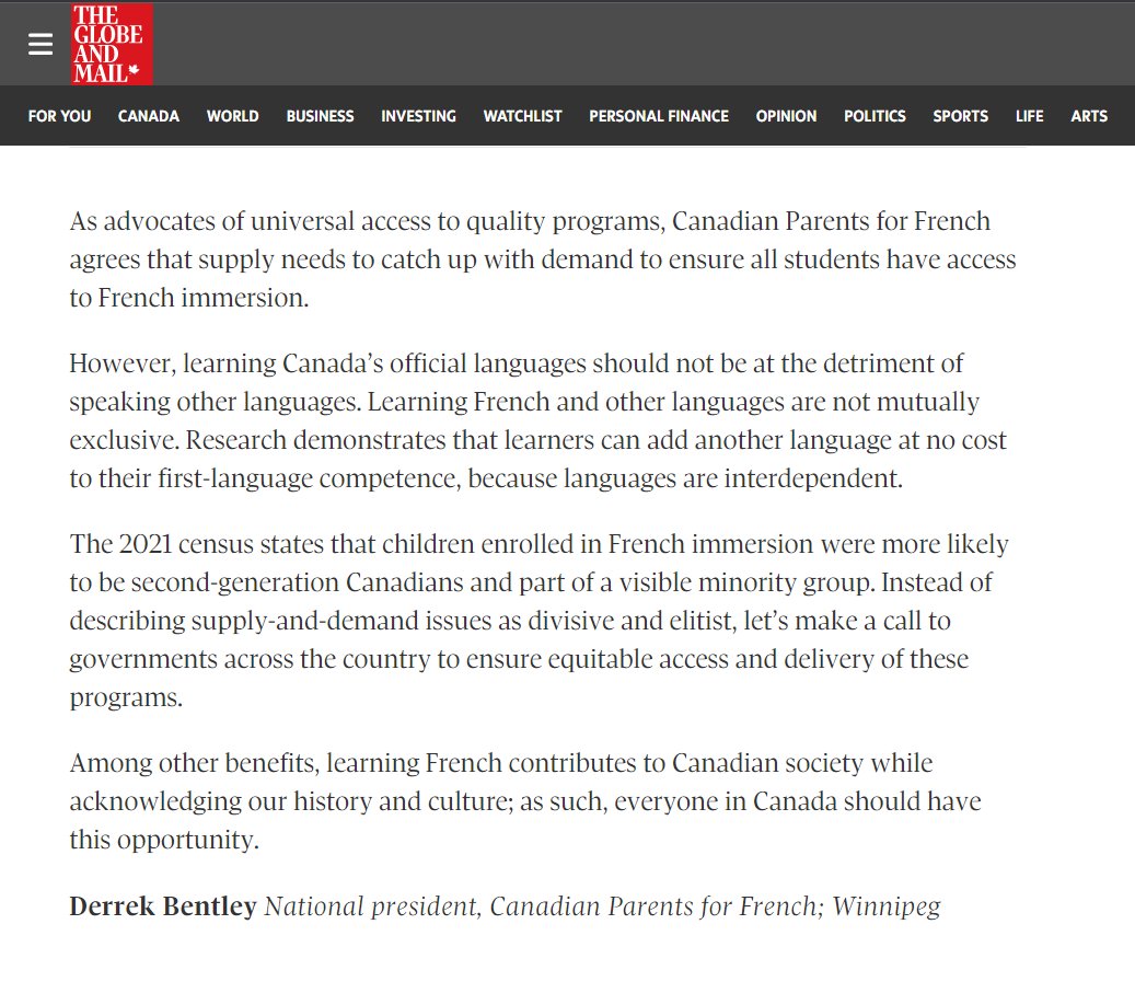 We were troubled by the article about French immersion published by the Globe and Mail on October 16. Today our response was published in Letters to the editor, read it here: theglobeandmail.com/opinion/letter…