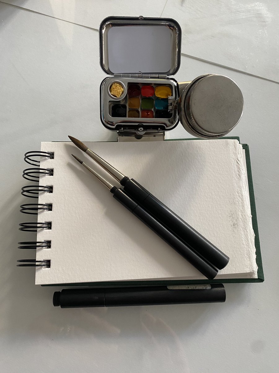 Just filled up my teensy-weensy pocket paintbox with #WinsorandNewton watercolours ready for my travels. It comes with a magnetic clip to attach it to my sketchbook & a little water pot. I’ll take my trusty daVinci travel brushes. Can’t wait! #sketchbook #pocketpaintbox #art