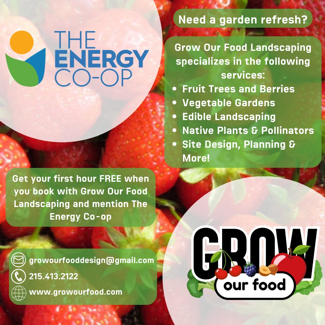 Get your first hour of garden and landscaping services FREE when you book with @grow_our_food and mention The Energy Co-op! #phillylocal #coop #phillysmallbusiness #renewableenergy #landscaping #garden #supportlocalbusiness #cleanenergy #nonprofitphilly #montco #elkinspark