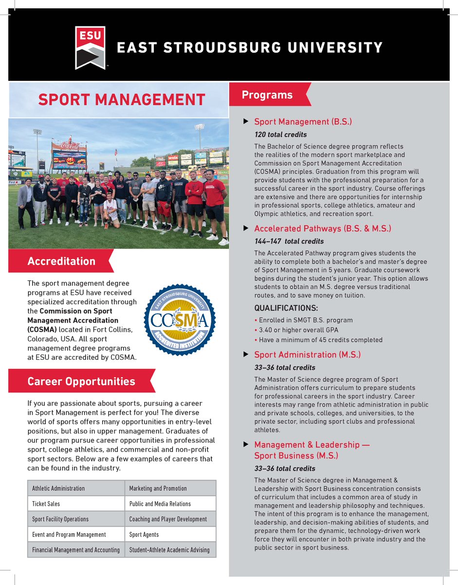 esusmgt's tweet photo. Attention‼️ The Sport Management Department had updated their  brochure! 

New Changes:
Updated names of our Graduate Programs: Sport Administration (M.S.) and Management &amp; Leadership - Sport Business (M.S.)
Alumni 
Pictures 
and More!

Enjoy!🔴⚫️⚔️ https://t.co/i53AxTLe5G