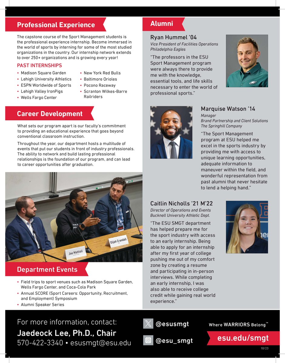 esusmgt's tweet photo. Attention‼️ The Sport Management Department had updated their  brochure! 

New Changes:
Updated names of our Graduate Programs: Sport Administration (M.S.) and Management &amp; Leadership - Sport Business (M.S.)
Alumni 
Pictures 
and More!

Enjoy!🔴⚫️⚔️ https://t.co/i53AxTLe5G