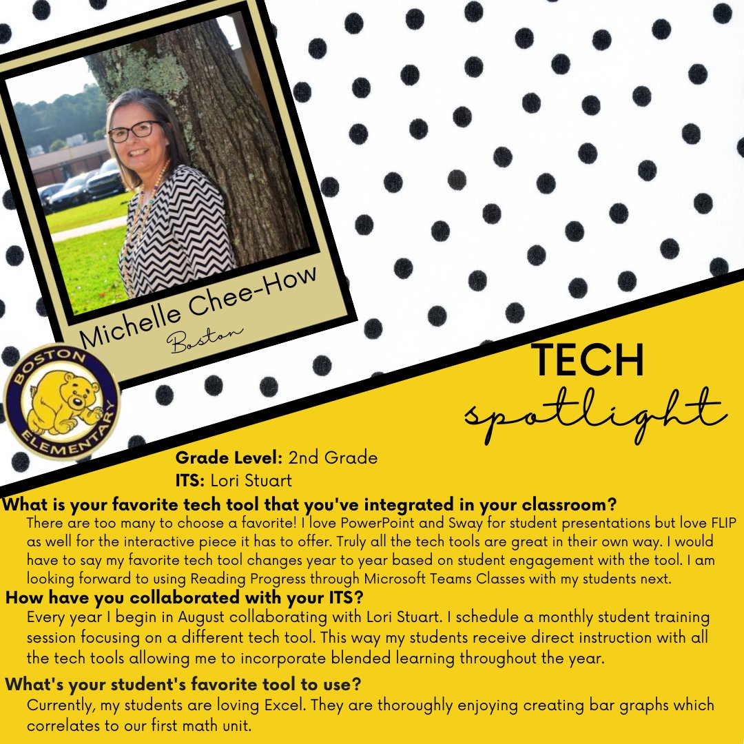 Happy Tech Tuesday! Meet Michelle Chee-How 👋 Michelle is a 2nd grade teacher at Boston Elementary. Her favorite way to collaborate with her ITS is to book student workshops! Want to book a student workshop? Contact your ITS! 💯