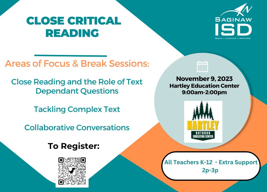Saginaw ISD’s Instructional Services department is hosting a professional learning session on close critical reading at Hartley Outdoor Education Center on Thursday, Nov. 9. Registration is open and available to K-12 educators on our website! #PDopportunities