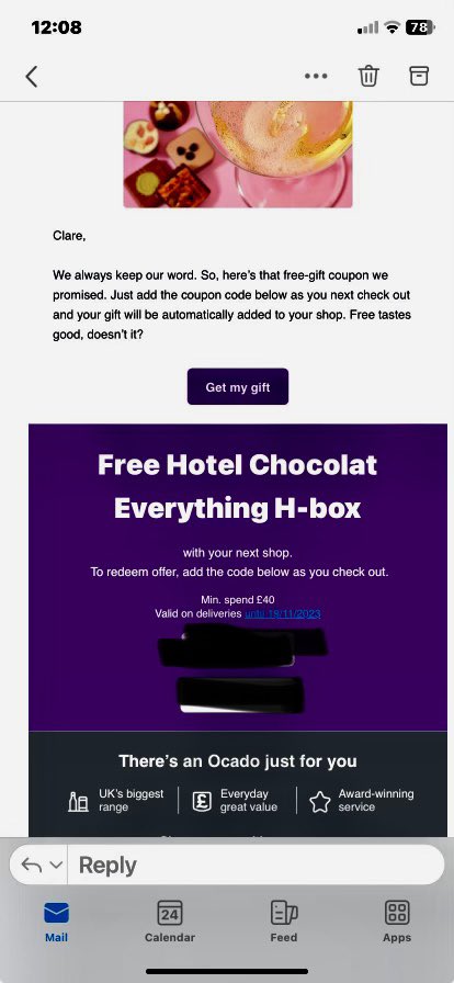 EmmaK_OccHealth's tweet photo. @Ocado. Customer for 15+ years, weekly shop. Spending a load of money. My brother received this: because he shopped elsewhere for two weeks. Then you offer 15% discount to return. So: loyalty earns you nothing? Lesson learnt. @Ocado @MoneySupermkt https://t.co/siRUyCsea6