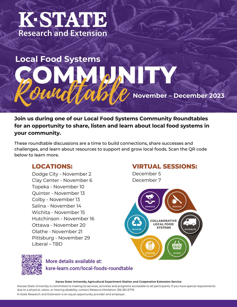 WSUEFC's tweet image. Join our friends @KStateRE for an opportunity to share, listen, and learn about what is happening in your community around local food systems. 🍎🍞🥦🥗🙋🏽‍♀️🙋🙋🏻‍♂️ Register for in-person roundtables across the state or attend a virtual roundtable. Learn more: ksre-learn.com/local-foods-ro…