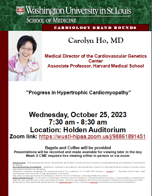 Looking forward to #Cardiology #GrandRounds tomorrow with Dr. Carolyn Ho of @harvardmed ! Join us for her presentation 'Progress in Hypertrophic Cardiomyopathy'. #CardioGenetics #HCM #HypertrophicCardiomyopathy