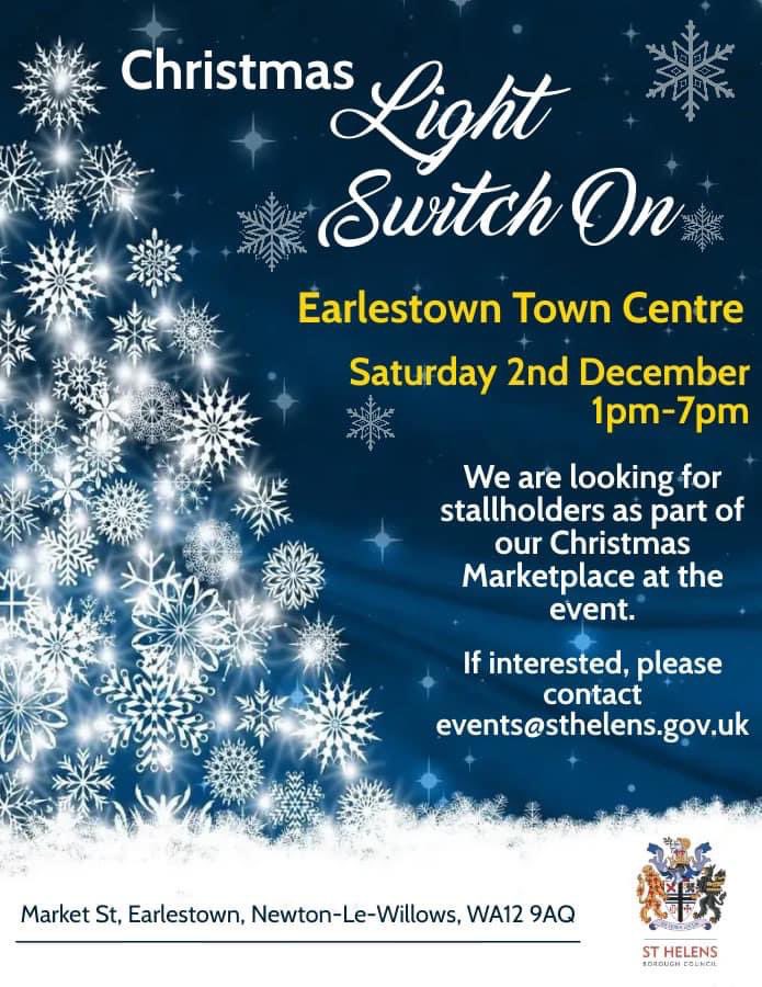 We are looking for stall holders as part of our #Earlestown #Christmas Lights Switch On ( Saturday 2 December). To register your interest please contact events@sthelens.gov.uk #StHelens