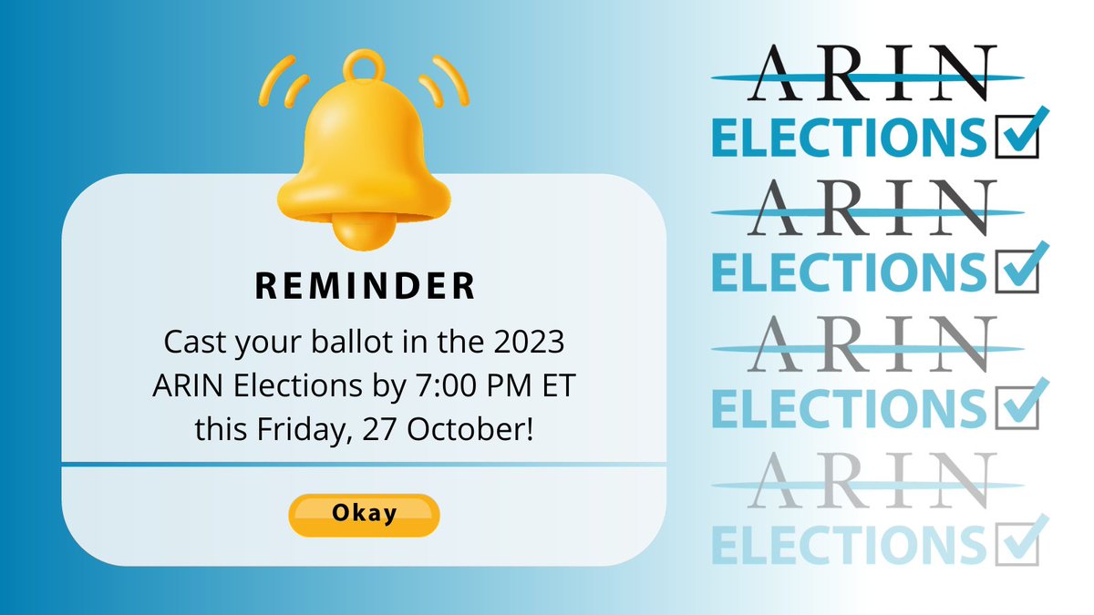 Participation in ARIN Elections is a key responsibility of General Members, fulfilling a crucial community role by electing ARIN’s leadership & ensuring the continued operation & growth of the Internet. Cast your 2023 ballot by 7 PM ET this Friday, 27 Oct! arin.net/announcements/…