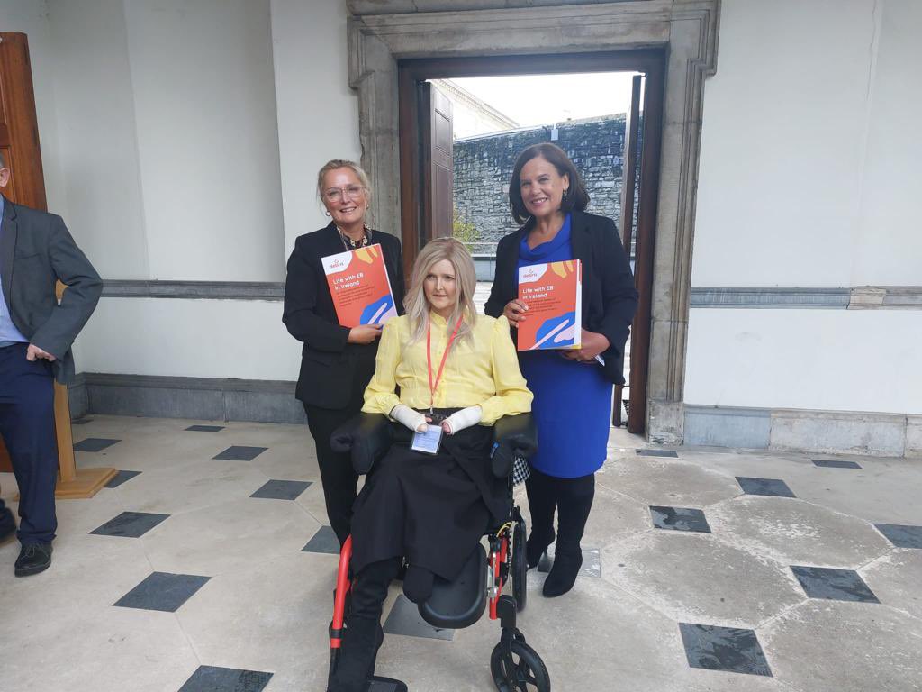 debraireland's tweet photo. Two incredible EB advocates Emma Fogarty and Liz Collins are in Leinster House for the launch of our new ‘Life with EB in Ireland’ report. A huge thanks to @MaryLouMcDonald for taking the time to meet with us and to @PaulineTullyTD for hosting #EBAwarenessWeek https://t.co/Iu6N8a3JWV