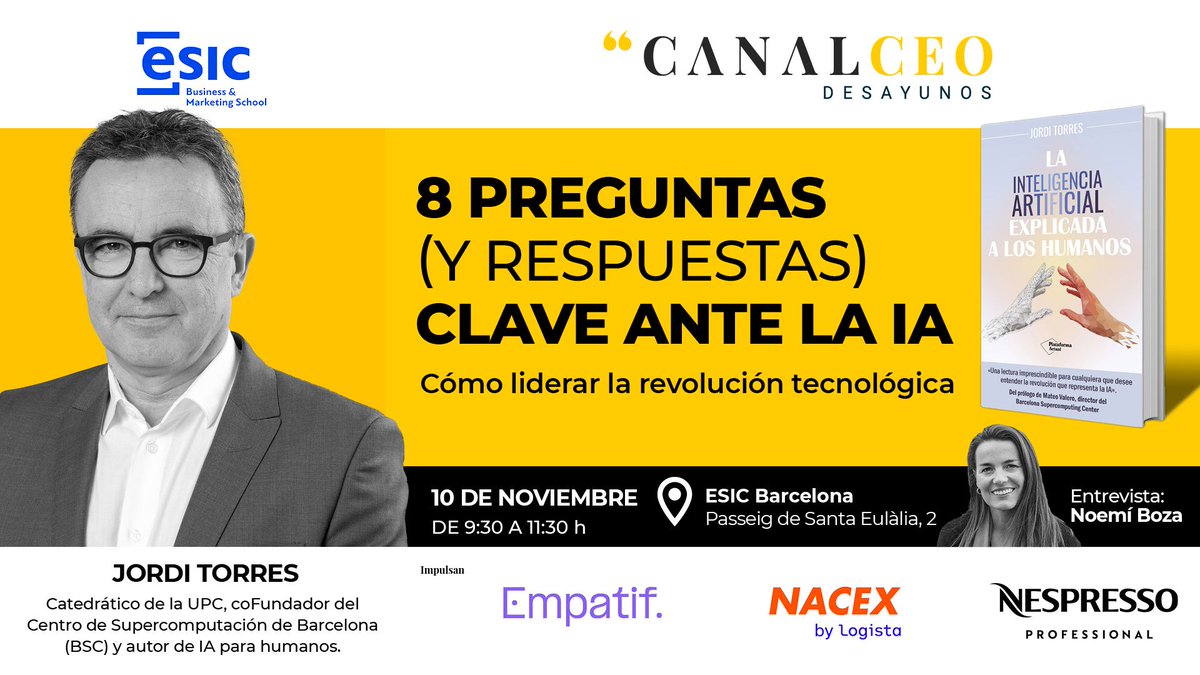 ☕️ ¡No te pierdas un nuevo Desayuno @canalceo en #ESICBCN!

👨‍💻 En esta nueva cita, tendremos la oportunidad de conversar con @JordiTorresAI sobre las nuevas tecnologías.

📅 10 noviembre
⏰ 9:30h
📍 Campus Universitario

👉 No te quedes sin tu plaza: cutt.ly/awWVerE0