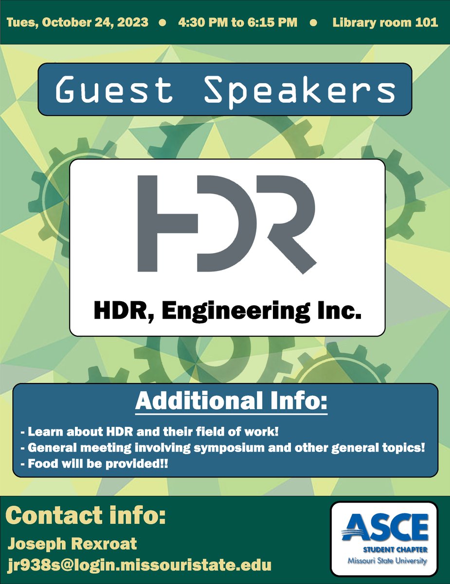 Today, we'll be hosting speakers from the @HDR_Inc Springfield Office. Please join us for an exciting presentation and an opportunity to network with local employers. @Engineering_MSU @SandT_CArE @MissouriState @MissouriSandT @CNASatMSU @sandtcec @KC_ASCE #CivilEngineering #ASCE