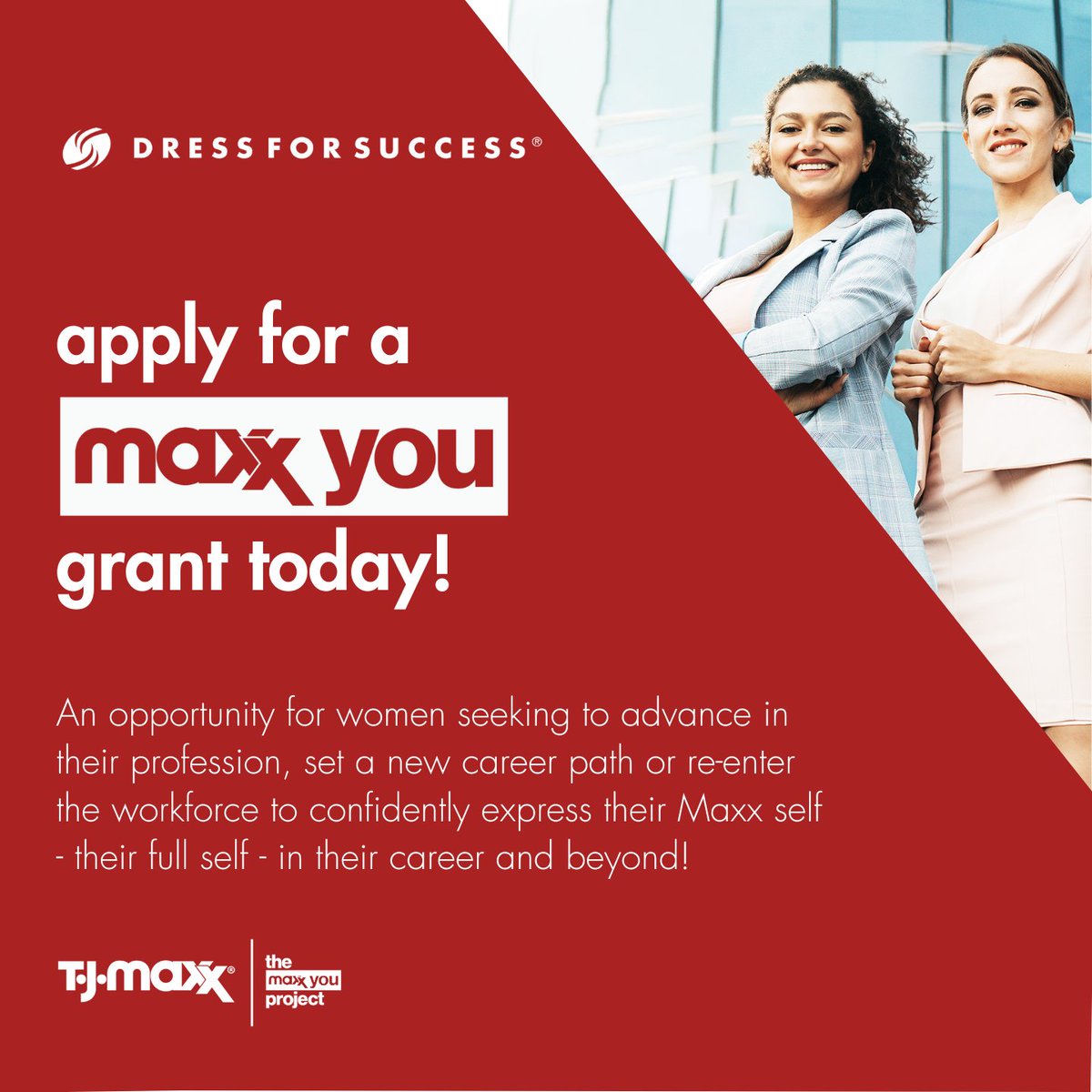 T.J.Maxx and The Maxx You Project want to support the women of Dress for Success. If you’re working towards a degree or certificate in Winter 2024, apply for the Maxx You Grant Scholarship: bit.ly/DFSMaxxYouGrant