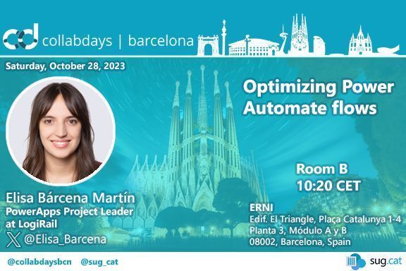 En el #collabdays #bcn <a href="/Elisa_Barcena/">Elisa Bárcena Martín</a> nos presentará la sesión "Optimizing #PowerAutomate flows". #PowerPlatform #Microsoft365 #Azure
📖 Agenda y registro: buff.ly/3VIMWk7 
📍 Donde: <a href="/ERNI/">ERNI</a> Barcelona (Pl. Catalunya, 1-3, 3a pl.)
📅 Cuando: 28/10/2023