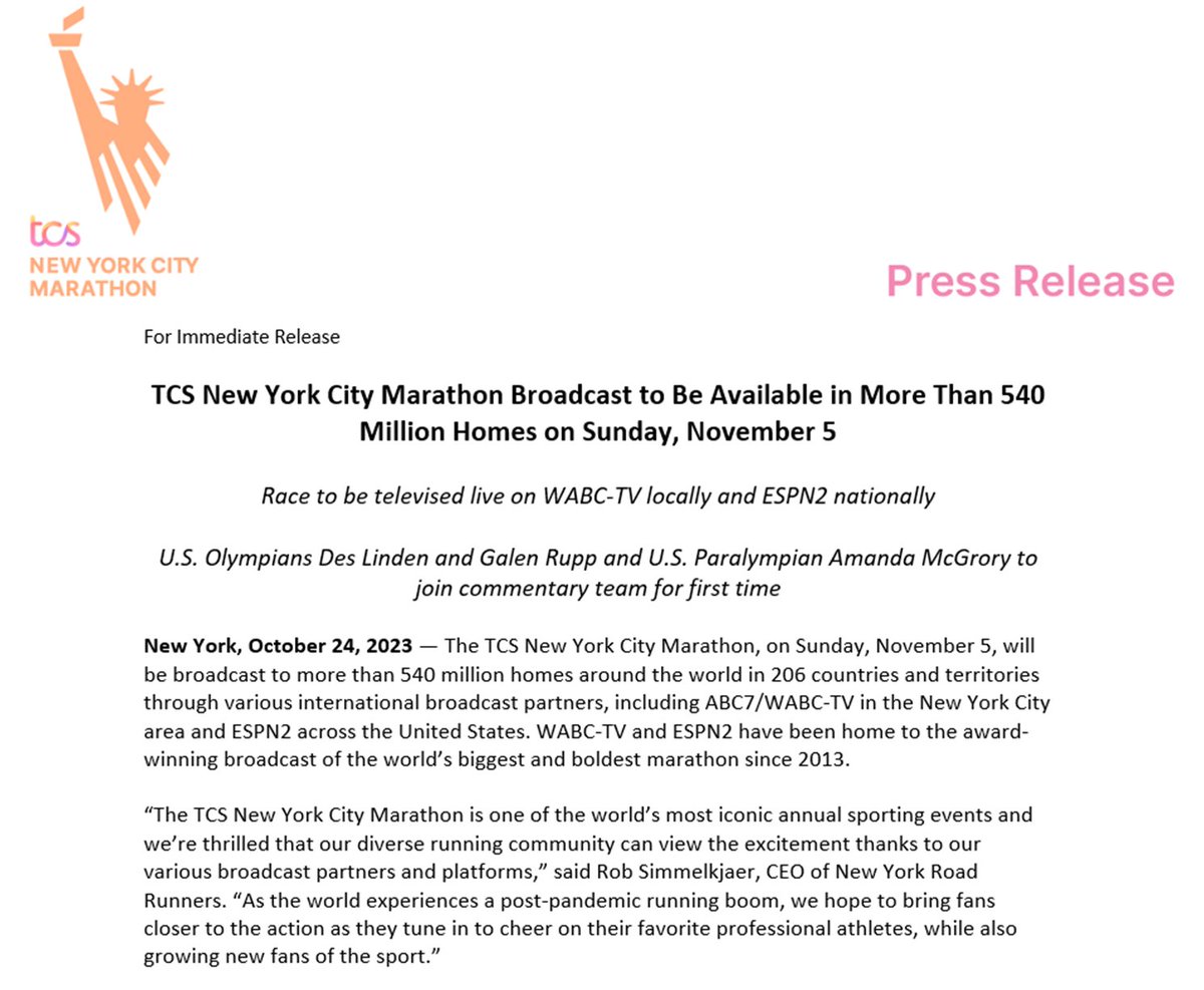 RELEASE: TCS New York City Marathon Broadcast to Be Available in More Than 540 Million Homes on Sunday, November 5 >> nyrr.org/media-center/p…