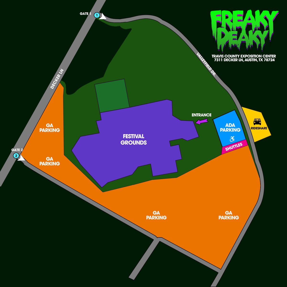 FreakyDeakyTX's tweet photo. Freaky Deaky 2023 descends upon Travis County Expo Center. Plot your arrival and departure. Parking lots open at 1pm daily🚙

Parking is $30 per vehicle per day, accepting cash, credit, and Apple/Google Pay with an added $3 credit card convenience fee. Rideshare & Shuttle program also available 🚌