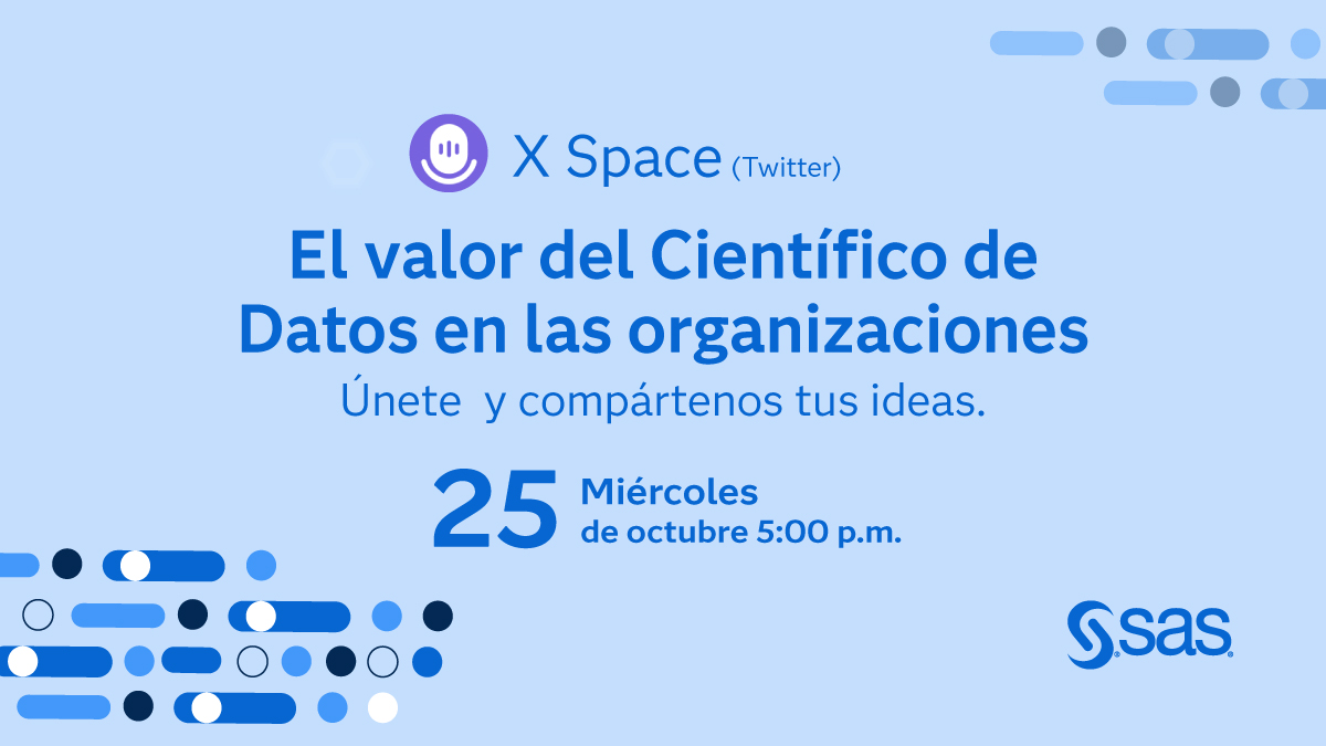 ¿Ya nos sigues en X (antes Twitter)? Es tu oportunidad de unirse a nuestra conversación en vivo sobre “Pasos para convertirse en un exitoso líder analítico”,  el próximo miércoles 25.  2.sas.com/6019udIwd 

#SAS #SASUsers #LíderAnalítico #Analítica #DataScientist