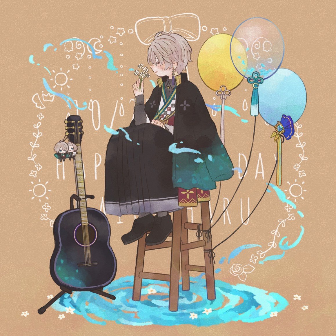 instrument balloon flower sitting solo guitar grey hair  illustration images