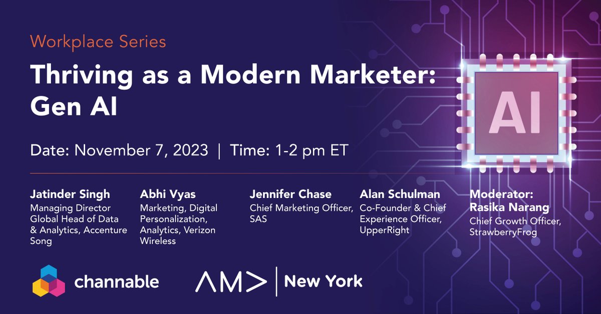 Accelerate your marketing career with #GenAI by tuning into our upcoming webinar. Hear from industry leaders from <a href="/Accenture_US/">Accenture US</a> <a href="/SASsoftware/">SAS Software</a> <a href="/Verizon/">Verizon</a> @GoUpperRight for expert insights on productivity, creativity and how to get started. bit.ly/3PZwRnD #amanewyork #ai