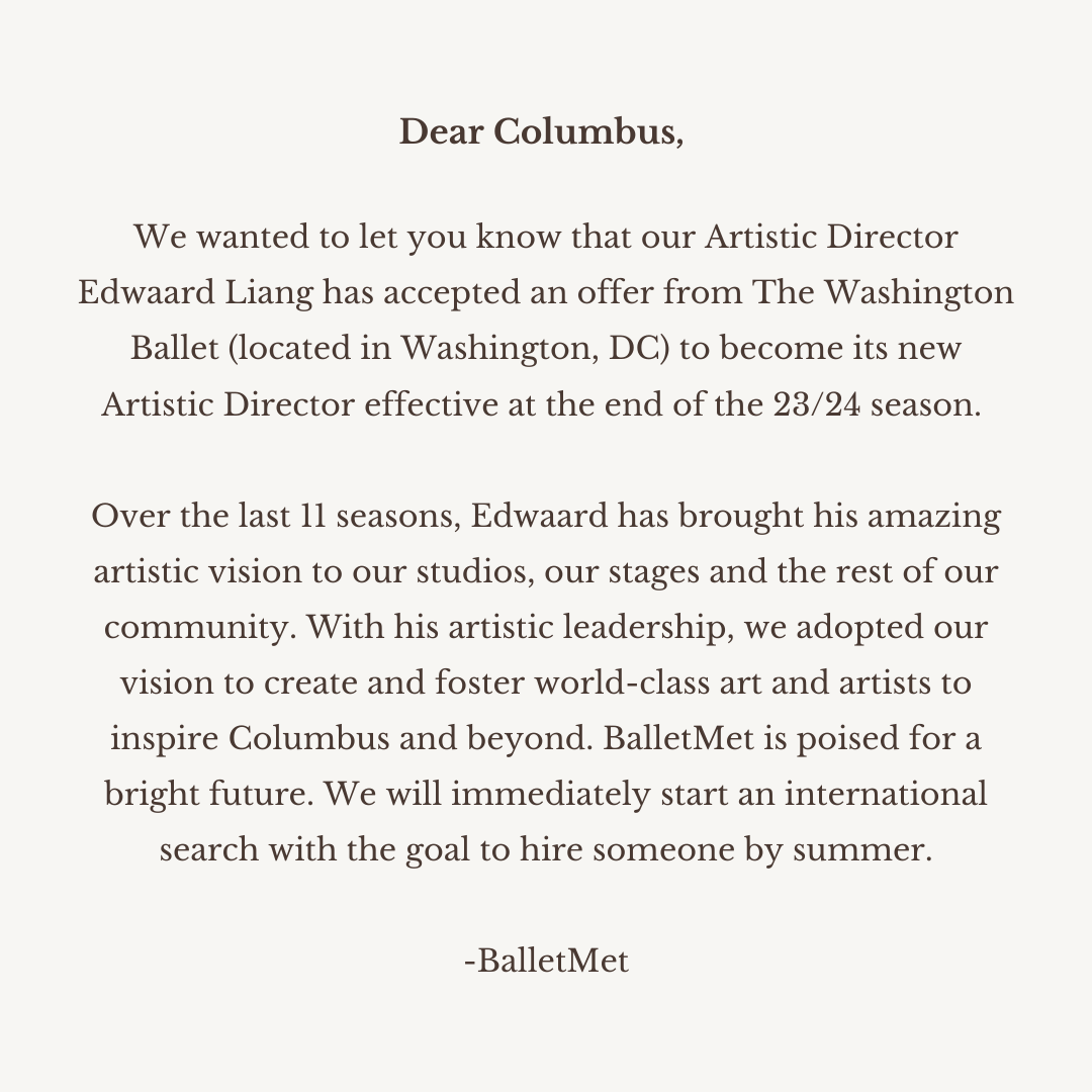 We will spend the rest of the season celebrating Edwaard Liang’s legacy as we continue to build the future of BalletMet. 🤎

Read the full letter from Edwaard, Sue, and Board Chair Herb Bresler: bit.ly/3QuM8yb