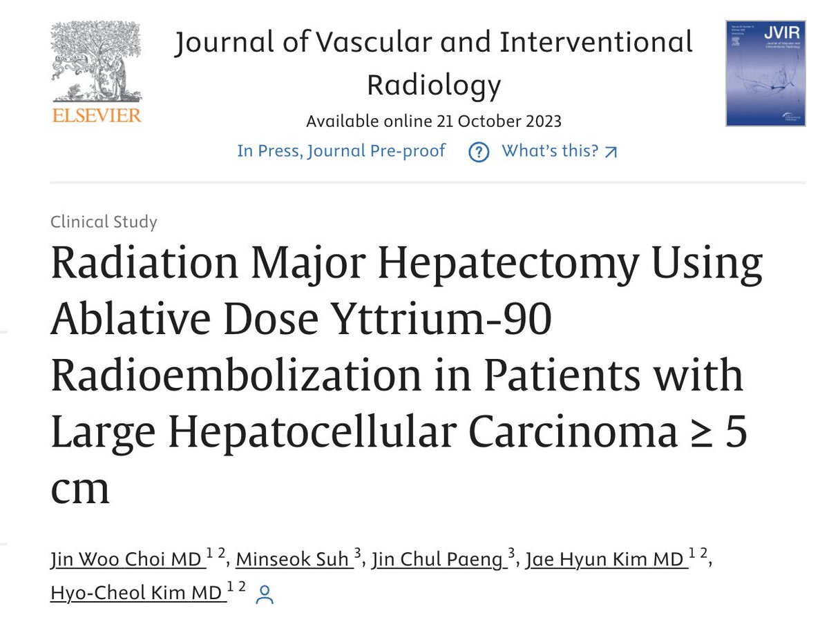 1/7 📢 NEW from @JVIRmedia: An interesting study on the use of ablative dose Yttrium-90 radioembolization for large hepatocellular carcinoma (HCC) ≥ 5 cm.

Let's delve into the details! 🔍🔬

#Radioembolization #HepatocellularCarcinoma #HCC @SIRspecialists @SIO_Central