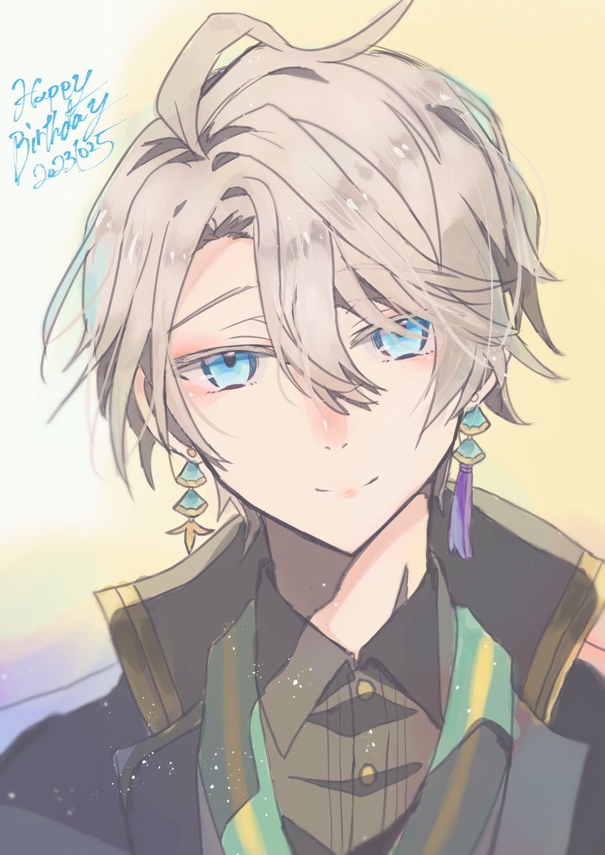 1boy male focus earrings jewelry blue eyes solo smile  illustration images