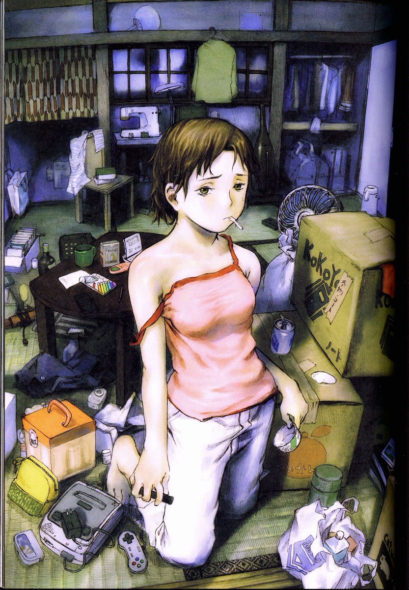 TheOtaking's tweet image. Original illustration made by Yoshitoshi ABe (Serial Experiment Lain, Haibane Renmei...) for the magazine "Manpukusei Colorful" カラフル 萬福星 (Aug. 2001)