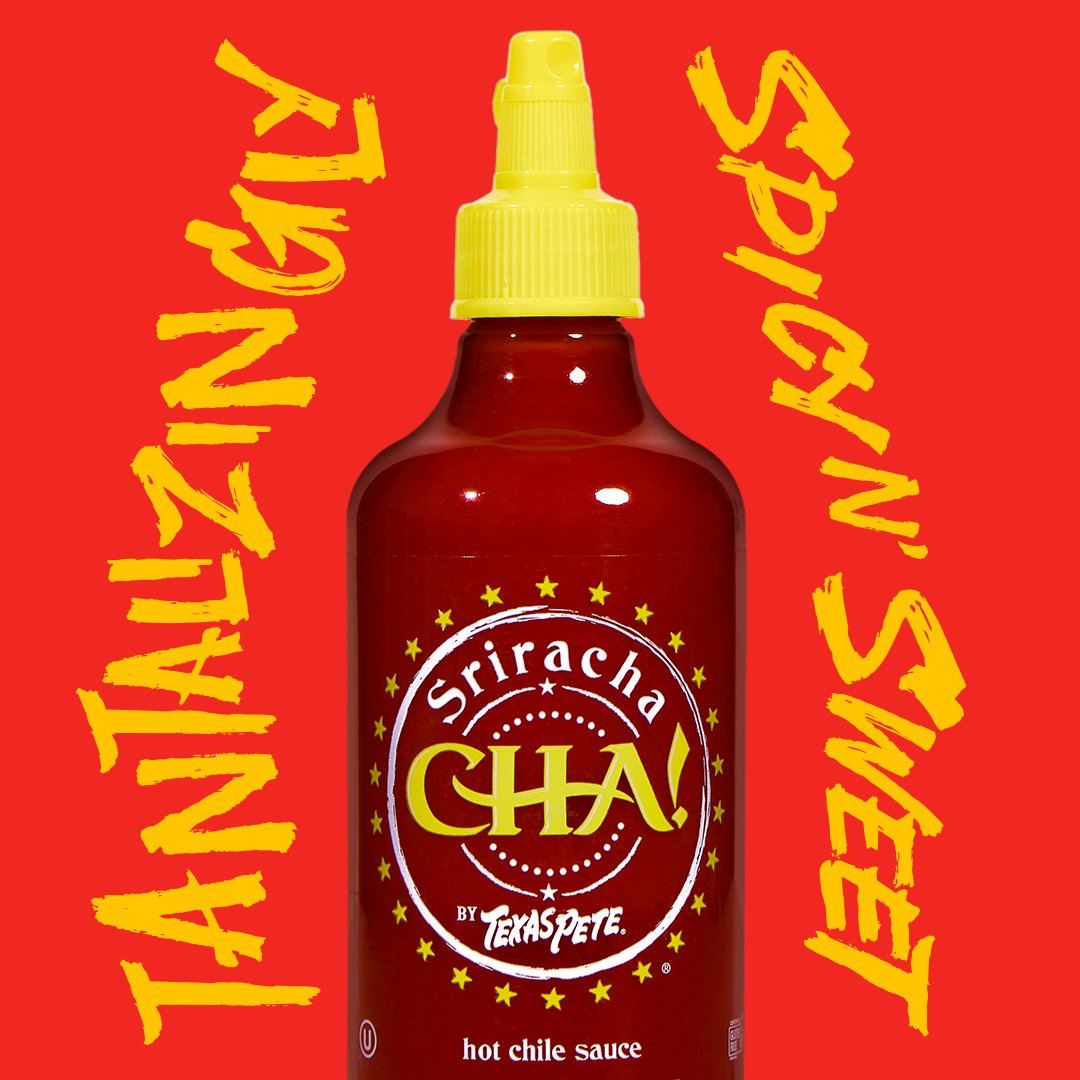 If you can't read sideways it says TANTALIZINGLY SPICY N' SWEET 🔥✨ which is the best way to describe Texas Pete CHA! Sriracha. Grab your bottle at a store near you or shop online at the 🔗 above!
