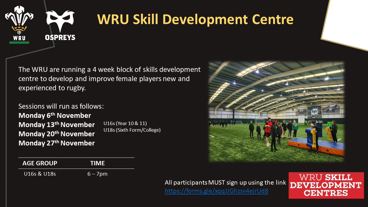 📢WRU GIRLS SKILLS CENTRE📢 👭U16s & U18s 📍Llandarcy Academy of Sport ⏰️6-7pm 📆 6/11 - 27/11 Book on here👇 forms.gle/xqqJJGhzsv4ejr… @ospreys_women @CommunityOsprey @keoshere @Sionwaldron @NPTCGetActive @BridgendRugby @GCSsportacademy @WRU_Community