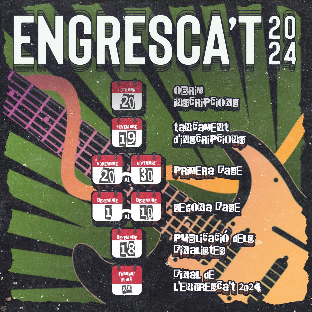 🗓 Tot a punt per una nova edició plena de música emergent! Aquí teniu les dates clau que no us podeu perdre!
🔗 Mantingueu-vos connectats i no us perdeu cap detall de l'Engresca't 2024. 🎶🤘
#Engrescat #Engrescat2024 #concurs #musicaemergent