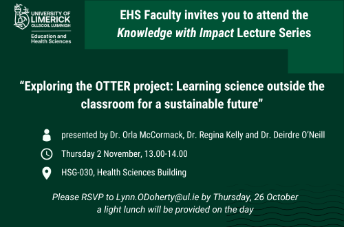 EHSFacultyAtUL's tweet photo. EHS Faculty is pleased to invite colleagues and students to attend the first lecture in Knowledge with Impact series taking place next week🧑🏫
RSVP to Lynn.ODoherty@ul.ie by Thursday, 26 October. Details below ✨
#StudyatUL #EHS https://t.co/1wMRcJIHQO