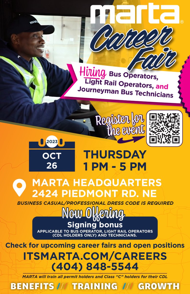 MARTA Career Fair - Thursday, October 26 at 1pm - 5pm
Hiring Bus Operators, Light Rail Operators and Journeyman Bus Technicians
#hiringnow #equity #newcareer #recruiting #diversityandinclusion #transit #operators #inclusiveworkplace #newopportunity