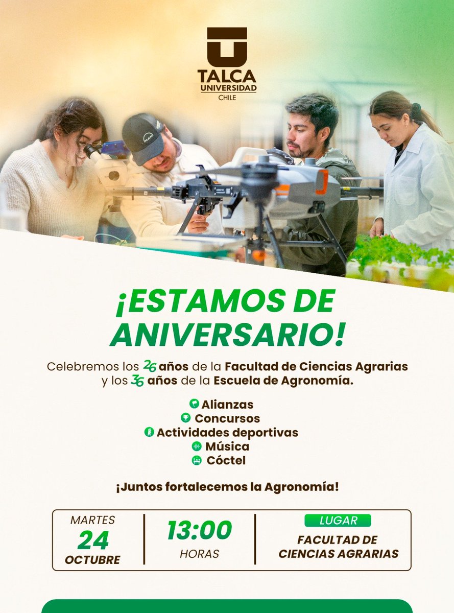 Feliz aniversario a la Carrera de Agronomía, con 36 años de servicio de la agricultura y su modernización hacia una agricultura sustentable y sostenible para la Región del Maule y Chile. 😀😀😋😋<a href="/agrariasutalca/">Ciencias Agrarias UTalca</a> <a href="/UTalca/">Universidad de Talca</a> <a href="/min_ciencia/">Ministerio de Ciencia</a> <a href="/postgradoUTalca/">Postgrado UTalca</a> <a href="/maule/">David</a> <a href="/COPEFRUT/">Copefrut</a> <a href="/CeapMaule/">CEAP</a>
