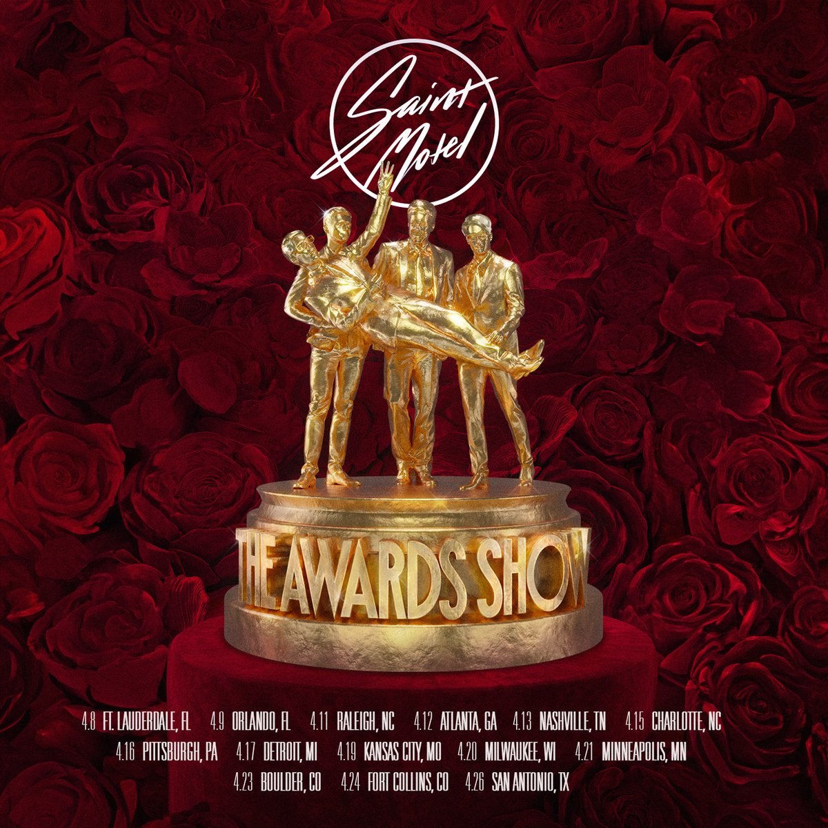 SaintMotel's tweet photo. Dear members of the Academy, we bring you leg 3 of tour, the final North American dates of The Awards Show! Tickets on sale Fri, presale Wed with code AWARDSSHOW. We've had an incredible time with you all the past year and can’t wait to see you soon 💛🏆💛https://t.co/EKnErWWg1x https://t.co/hOX7Ra9F5h