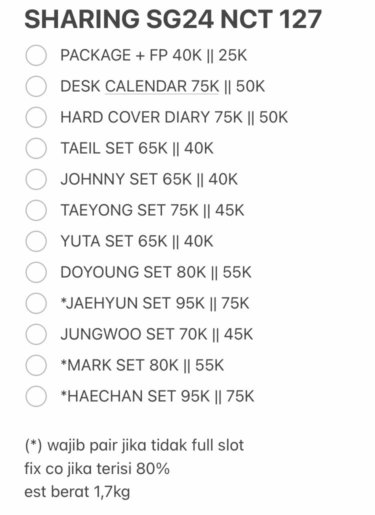 [OPEN SHARING] SEASON'S GREETING 2024 NCT 127

✅️ est. bersih ina
✅️ GO
❌️ packing
📍Surabaya, Jatim

close? TBA