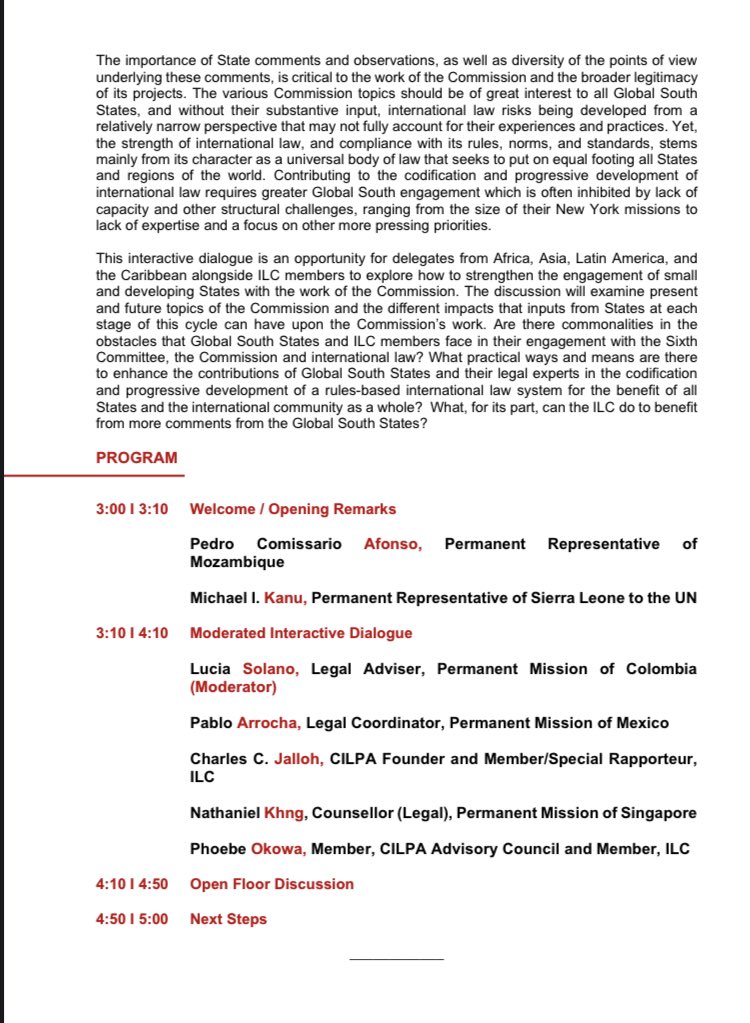 CILPA continues promoting the engagement of #GlobalSouth States with #InternationalLaw codification by hosting an interactive dialogue with @MexOnu and @SLUNMission. Pedro Comissario @CharlesJalloh @PabloArrocha @luciasolano @MichaelKanuSL Nathaniel Khng @Phoebe_Okowa