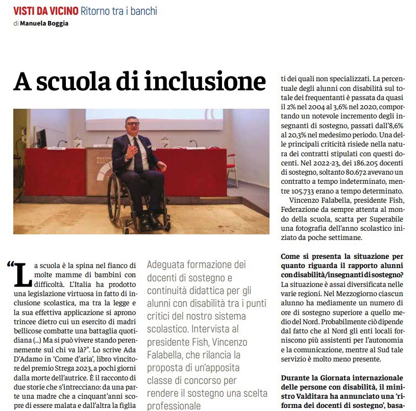Da tempo FISH propone l’istituzione di un’apposita classe di concorso per rendere il sostegno una scelta professionale nella #scuola. Il presidente <a href="/Vinc_Falabella/">Vincenzo Falabella 🇮🇹</a> ne parla in questa intervista pubblicata da <a href="/superabileinail/">SuperAbile Inail</a>