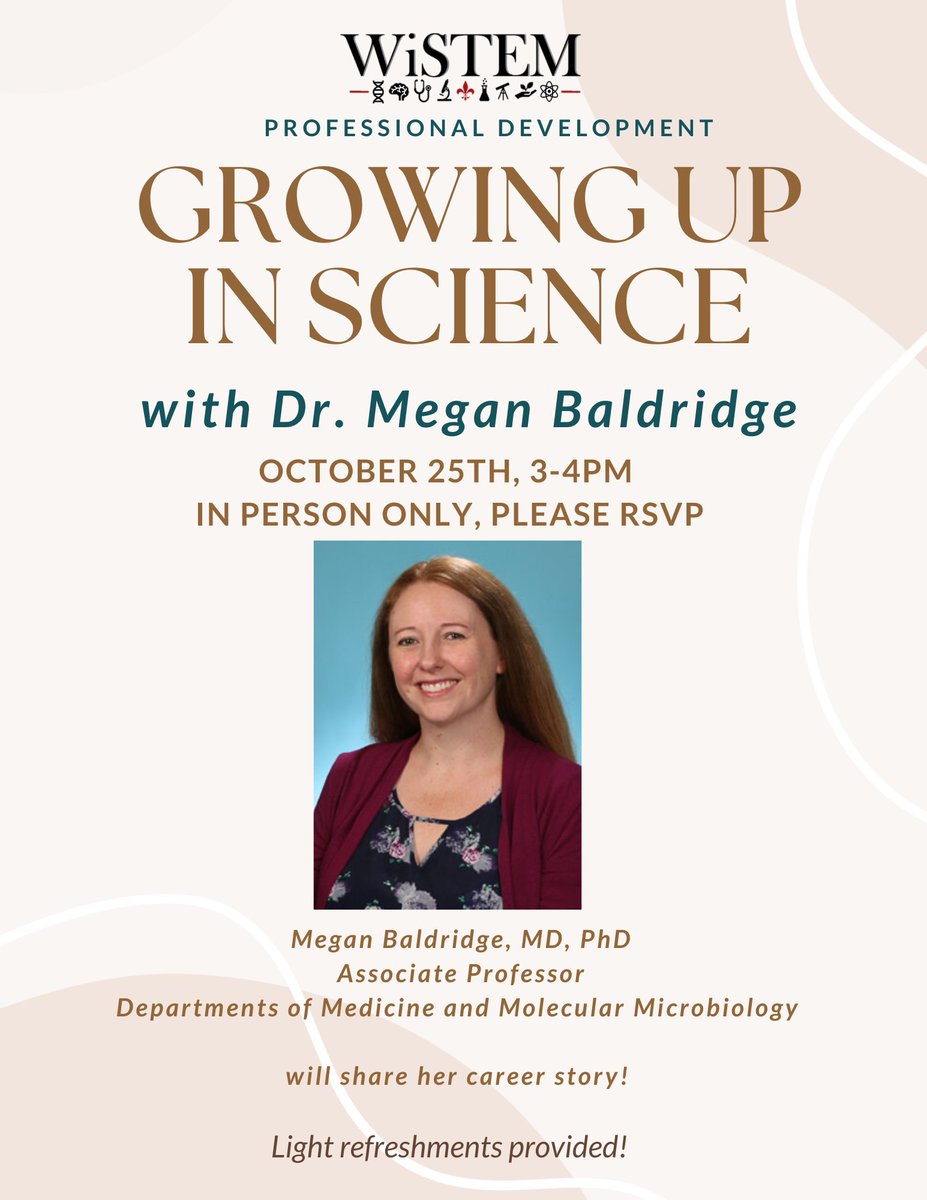 Join us for our Growing up in Science session tomorrow in an informal chat with Dr. Megan Baldridge. Please RSVP if you plan to attend 😊- light refreshments will be provided. (RSVP forms.gle/5xNSGbfqdAWozS…