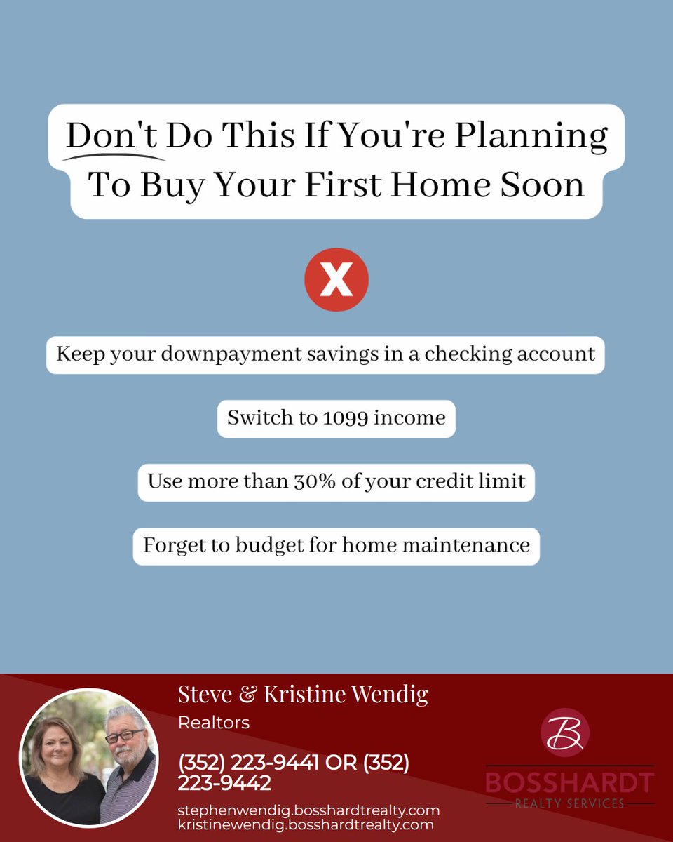 kwendig_realtor's tweet photo. First-time homebuyer? Make it easy! Save wisely, stick to your job, manage credit, and prepare for emergencies. Smooth sailing awaits!
#steveandkristinewendigrealtors #bosshardtrealty #gainesvilleflorida #gogators #realestateagents #realestate #buyers #sellers https://t.co/qIEWLLlmTx