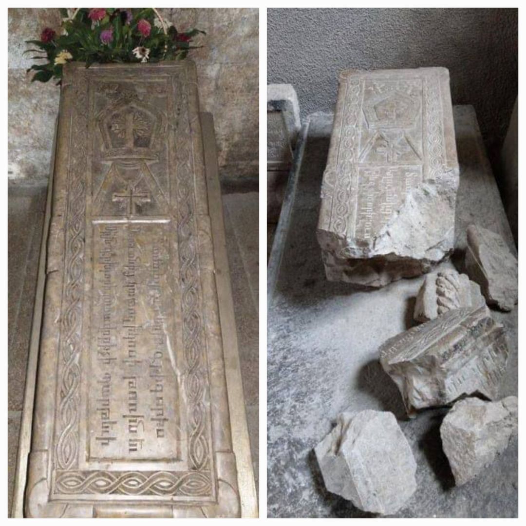 AliTahmizian's tweet photo. Azeris have desecrated the tombstone of Saint Grigoris— grandson of the founder of the Armenian Apostolic Church, St. Gregory the Illuminator — who is buried beneath Artsakh's 4th century Amaras Monastery.

Telling behavior from the professed heirs to Caucasian Albania. #genocide https://t.co/3rmA3Y2fUq